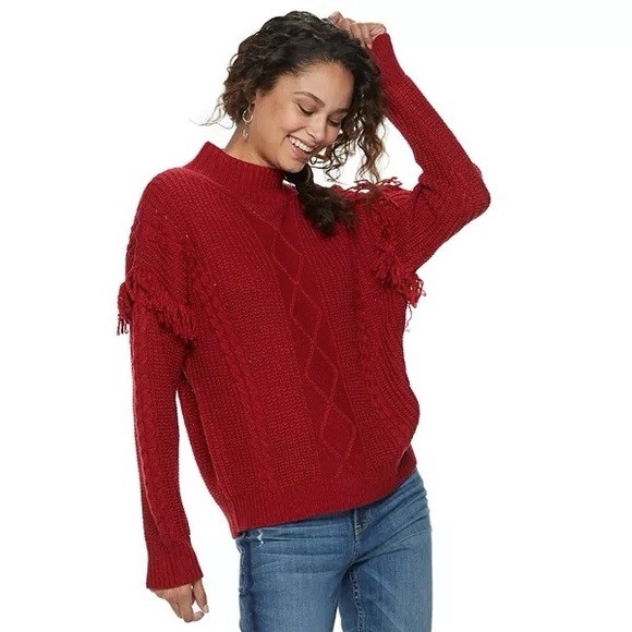American Rag Sweaters - AMERICAN RAG | Red Mock Neck Fringe Sweater | M